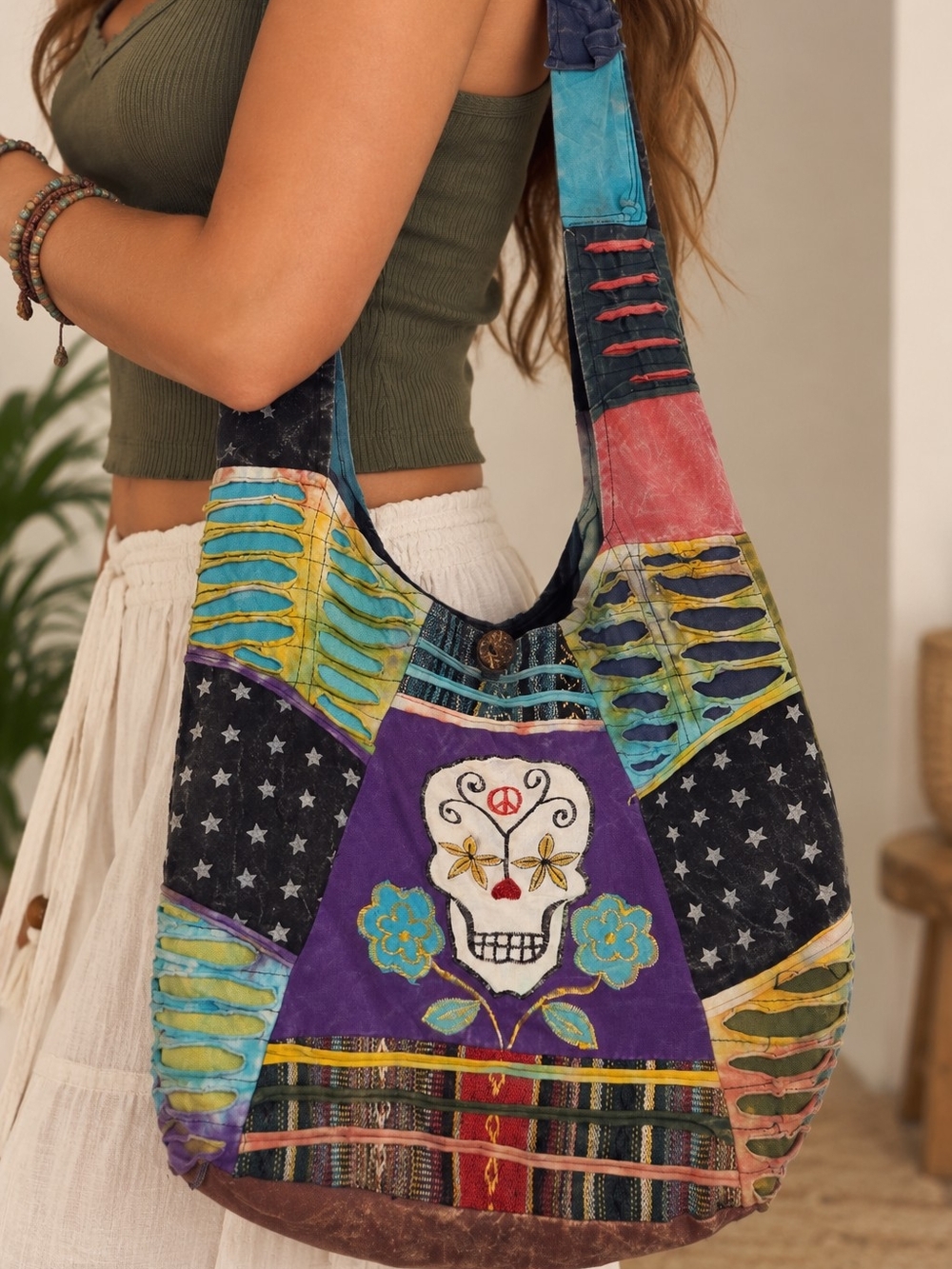 Patchwork Hobo Shoulder Bag Sugar Skull Embroidered Boho Hippie Crossbody